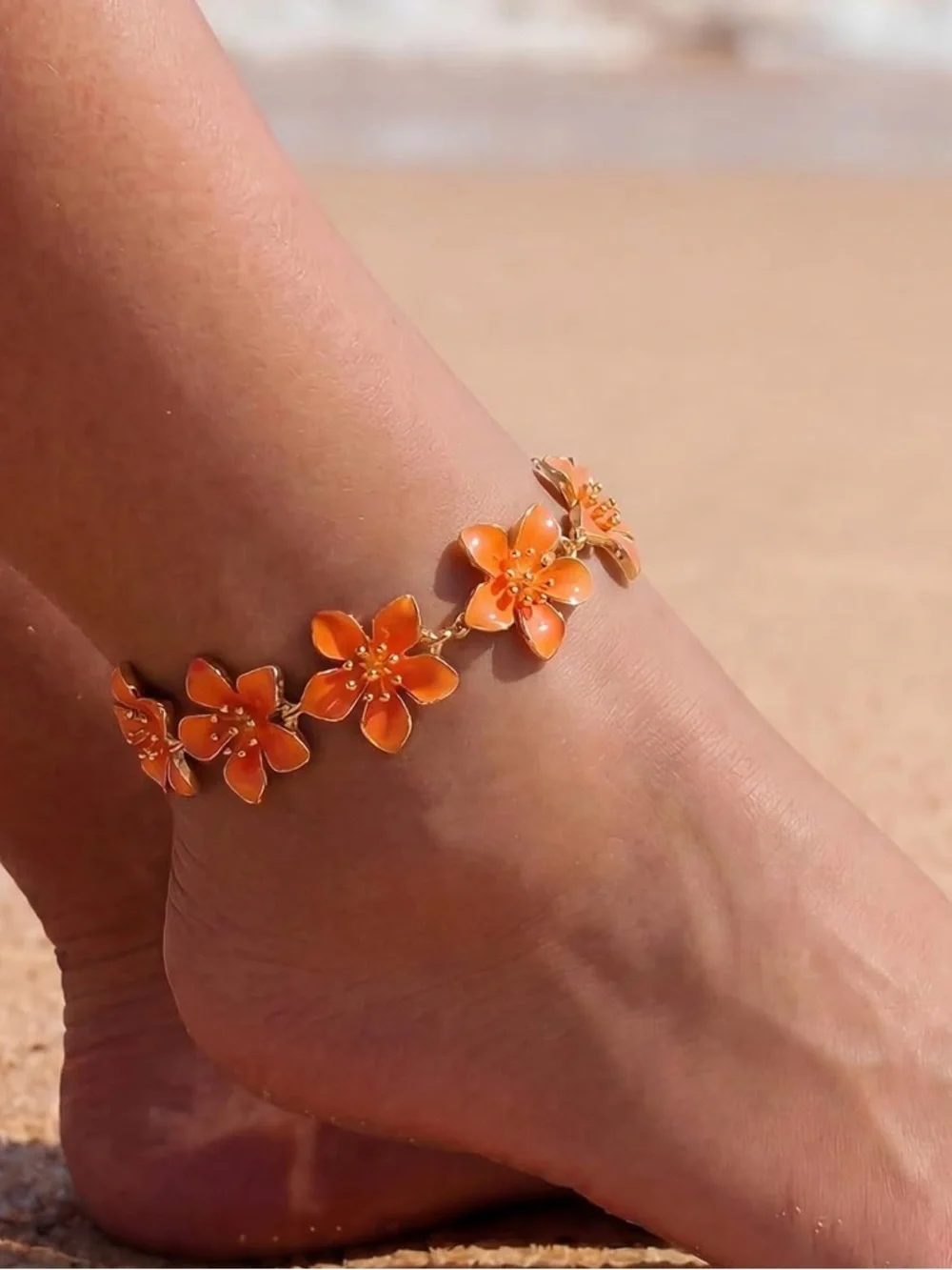 Anthropologie Gold color and Orange Enamel Flower Anklet